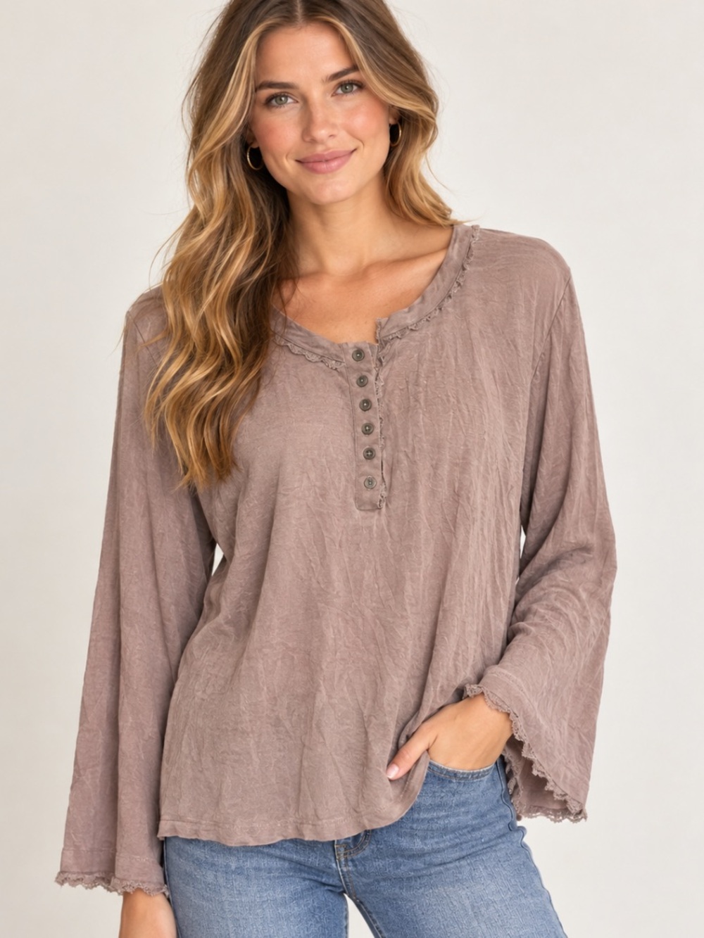 POL Long Sleeve Henley Top Lace NWT